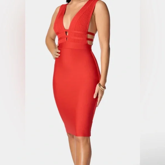 Bebe Vibrant Red Plunge Neck Bandage Dress - Picture 6 of 6